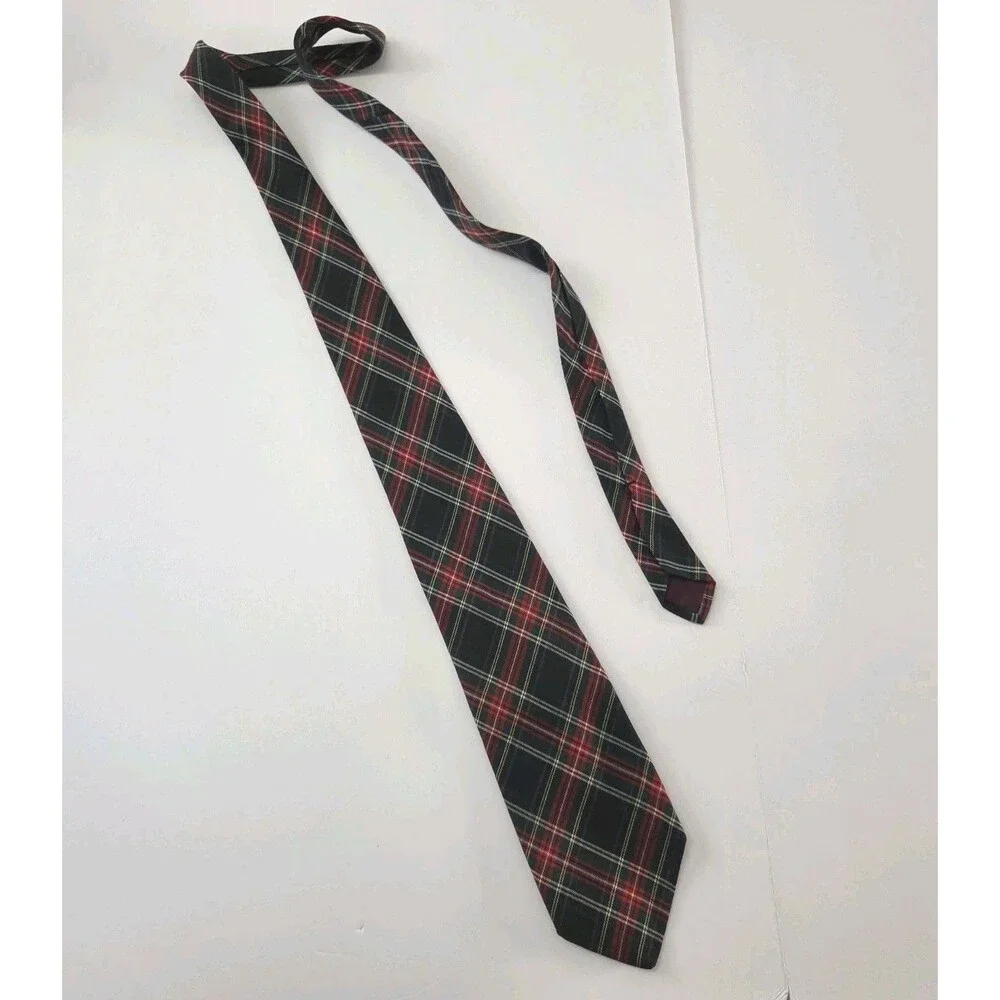 Vintage Rooster Tie Mens 100% Cotton Plaid Tartan Red Green Made in USA